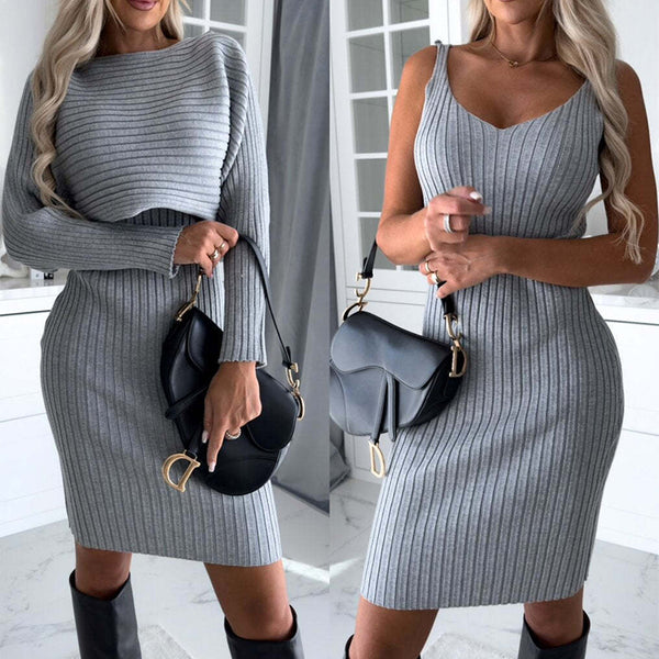 2pcs Suit Women's Solid Stripe Long-sleeved Top And Tight Su