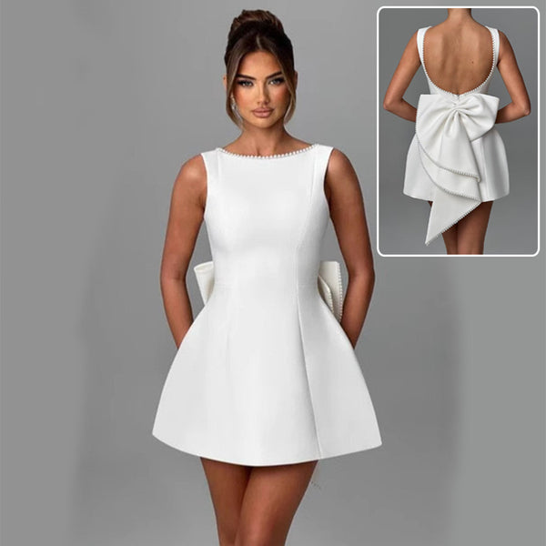 Fashion Big-Bowed Pearls Backless Dress Summer Slim Sleevele