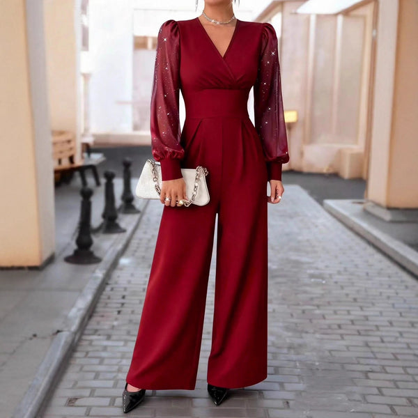 V Neck Defined Waist Sexy Mesh Patchwork Straight Suit For W