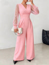 V Neck Defined Waist Sexy Mesh Patchwork Straight Suit For W